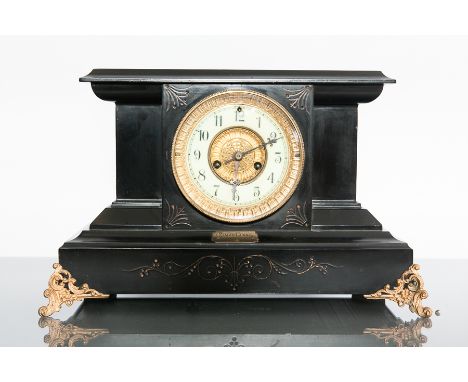 VICTORIAN EBONISED WATERBURY MANTEL CLOCK
signed two train movement striking on a coiled gong, the 4.5" gilt and enamelled di
