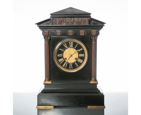 LATE NINETEENTH CENTURY SLATE MANTEL CLOCK
retailed by Elkington & Co., Liverpool, unsigned French two train movement strikin