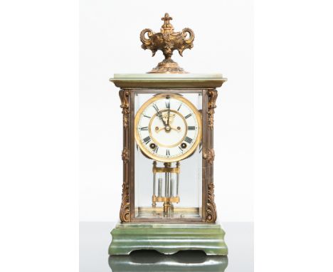 ANSONIA FOUR GLASS ONYX MANTEL CLOCK
signed two train movement striking on a gong, the 10cm enamel dial with Roman numerals, 