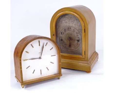 An early 20th century walnut-cased 8-day dome-top mantel clock, movement chiming on 5 gongs, case height 33cm, with pendulum 