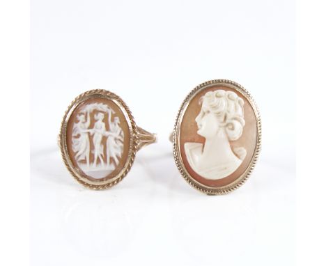 2 Vintage 9ct gold relief carved shell cameo rings, depicting the Three Graces and female profile, sizes P and I respectively