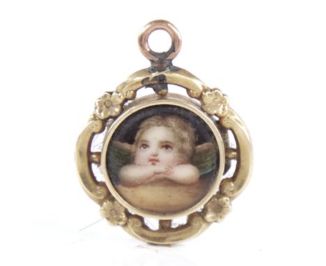 A 19th century unmarked gold and enamel miniature pendant, hand painted enamel panel depicting cherub within floral and folia