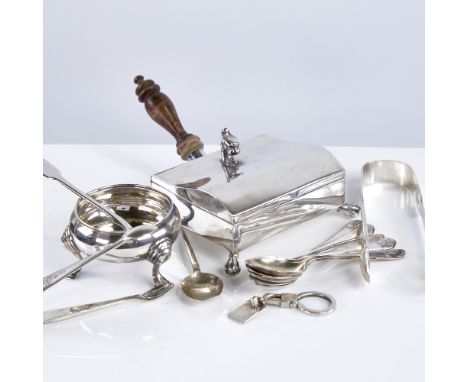 Various silver, including Mexican sterling cigarette box and key ring, English Georgian salt cellar, pair of sugar tongs, tea