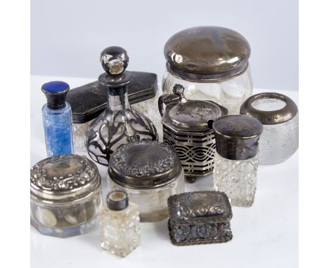 Various silver, including miniature embossed pillbox, mustard pot, dressing table jars etcLot sold as seen unless specific it