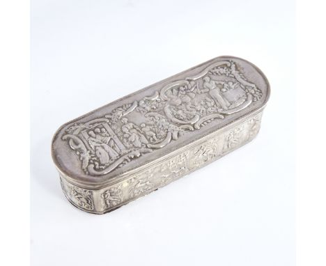 A 19th century Dutch silver tobacco box, allover relief embossed village and hunting scenes, length 16cm, height 4cm, 5.8ozGo