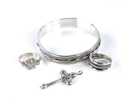 Various modern Danish stylised sterling silver jewellery, including Viking design bangle, rings and cross pendant, bangle int