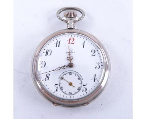 OMEGA - a Continental silver-cased open-face top-wind pocket watch, white enamel dial with eccentric Arabic numerals, subsidi