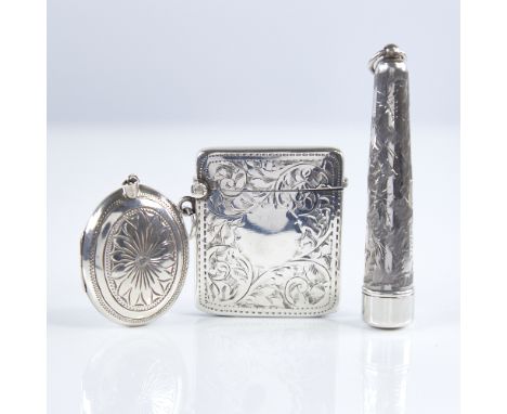 A George V silver Vesta case, a silver cheroot case and matching cheroot holder, and an Elizabeth II silver pendant locket, V
