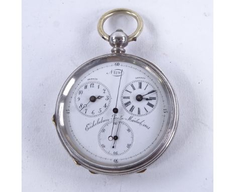 A 19th century Swiss silver-cased open-face key-wind dual time zone pocket watch, circa 1880, white enamel dial with sweep ce