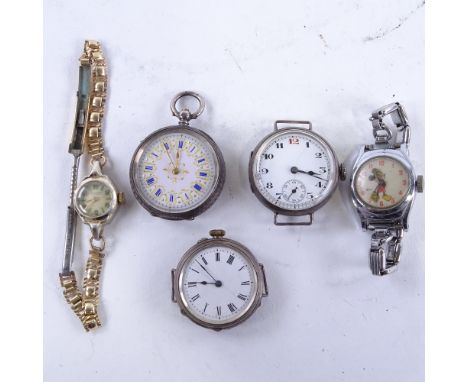 A group of watches, including 2 early 20th century silver-cased wristwatches, silver fob watch etc (5)Lot sold as seen unless