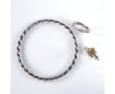 Various Danish stylised silver jewellery, comprising rope twist slave bangle, similar ring, and stone set gilt flower ring by