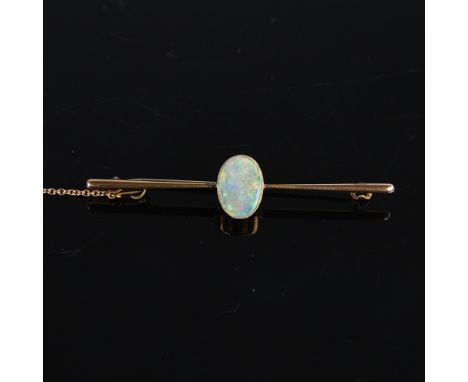 An early 20th century 9ct gold cabochon opal bar brooch, opal dimensions: length - 11.70mm, width - 8.35mm, depth - 2.12mm, b