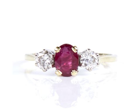 A late 20th century 18ct gold 3-stone ruby and diamond ring, set with oval mixed-cut ruby and round brilliant-cut diamonds, t