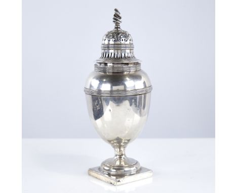 An Edwardian silver sugar caster, ovoid urn form with pierced dome cover and flame finial, by Lambert & Co, hallmarks London 