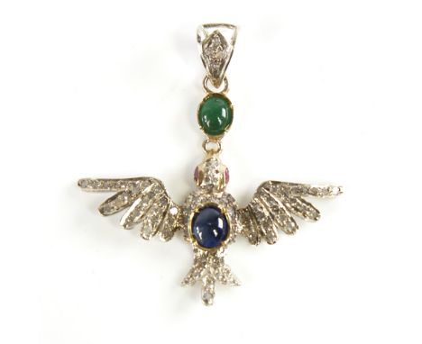 A modern Continental silver sapphire ruby emerald and diamond figural bird pendant, set with oval cabochon sapphire and emera