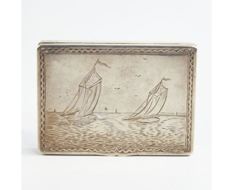 A George V silver table snuffbox, plain rectangular form with engraved sailing boat scene lid and gilt interior, by Pairpoint