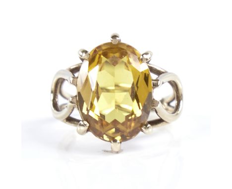 A late 20th century 9ct gold yellow sapphire? dress ring, sapphire dimensions: length 15.85mm, width - 11.86mm, depth - 6.31m