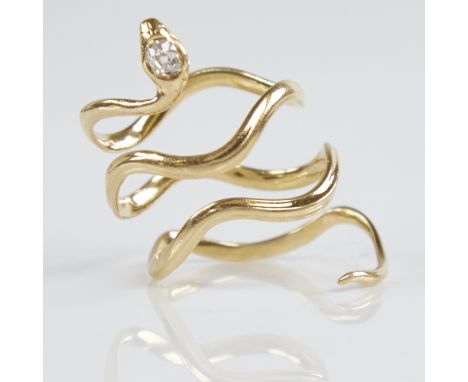 An unmarked gold diamond figural snake/serpent ring, the head set with an oval old-cut diamond, diamond approx 0.25ct, ring l