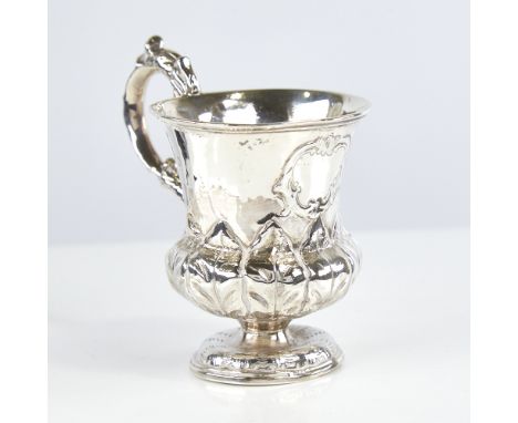 A William IV silver christening mug, thistle form with scrolled acanthus leaf handle and baluster body, by Benjamin Stephens,