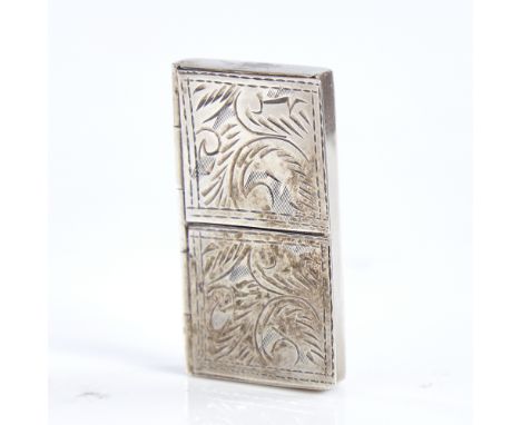 An Elizabeth II silver double compartment pillbox, engraved foliate decoration, by Ari D Norman, hallmarks London 1997, 4cm x