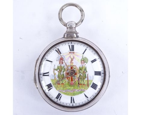 An early 19th century silver pair-cased open-face key-wind Verge pocket watch, white enamel dial with hand painted centre dec