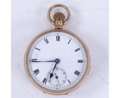 An early 20th century 9ct rose gold open-face top-wind pocket watch, white enamel dial with Roman numeral hour markers, blued