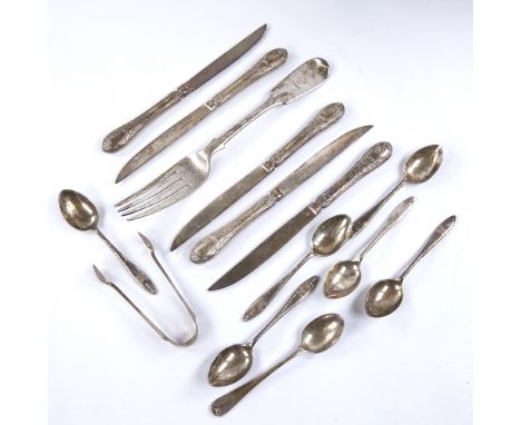 Various silver, including Victorian dinner fork, set of 6 teaspoons, Mappin & Webb silver-handled knives etc, 5.7oz weighable