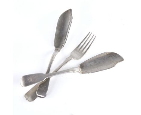 A Georgian Irish silver Fiddle pattern fork and fish knife, hallmarks Dublin 1824 and 1837, and another Georgian silver fish 