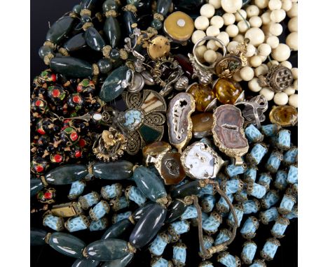 Various jewellery, including amber earrings, geode slice pendants, bloodstone bead necklace, cross pendant etcLot sold as see