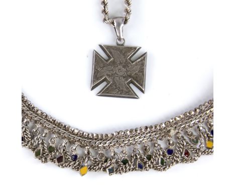 A Middle Eastern unmarked silver and enamel bib necklace, length 49cm, and a Victorian unmarked silver Maltese Cross pendant 