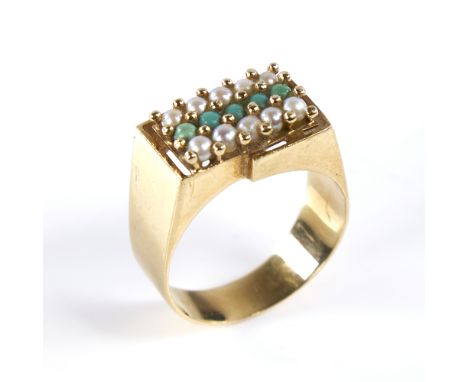 A Continental high carat gold turquoise and pearl triple-row signet ring, setting height 10.2mm, size Q, 5.8g Good original c