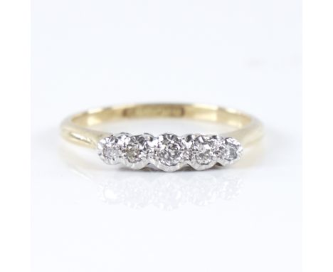 An early 20th century 18ct gold graduated 5-stone diamond ring, set with round brilliant-cut diamonds, total diamond content 