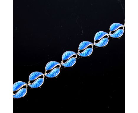 DAVID ANDERSEN - a Vintage Norwegian stylised vermeil sterling silver and blue enamel leaf bracelet, bracelet length 17cm, 13