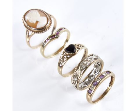 5 9ct gold stone set rings, sizes J, K, L, M and N, 9.6g total (5)All in good original condition, all stones present, setting