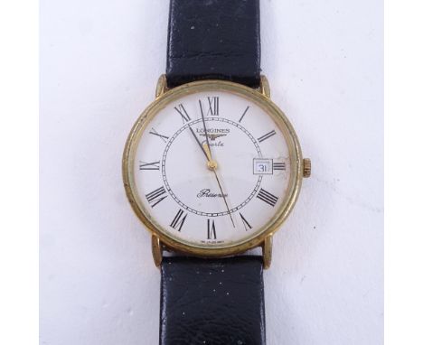 LONGINES - a Vintage gold plated stainless steel Presence quartz wristwatch, ref. 6801 10 156, white dial with black painted 