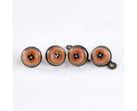 A set of 4 late 19th/early 20th century French 18ct gold coral and black enamel dress buttons, button diameter 11.1mm, 7.4g t