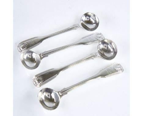 A set of 4 Victorian silver Fiddle Thread and Shell pattern mustard spoons, by Chawner & Co, hallmarks London 1843, length 11