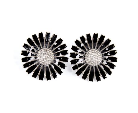 GEORG JENSEN - a Vintage pair of Danish stylised sterling silver and black enamel daisy pattern clip-on earrings, earring dia