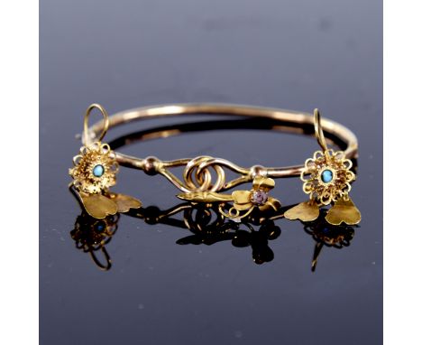 Various gold and yellow metal jewellery, comprising unmarked gold hinged bangle, 9ct amethyst brooch and a pair of unmarked y