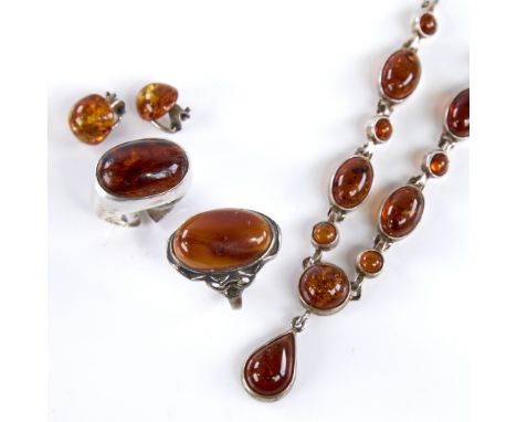 Various Danish Baltic amber and silver jewellery, including ring, necklace, earrings etc, both ring sizes L, necklace length 