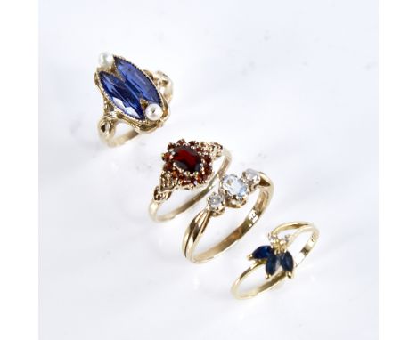 4 gold stone set rings, comprising 18ct sapphire and diamond ring, size L, 1.6g, 14ct gold marquise sapphire and pearl ring, 