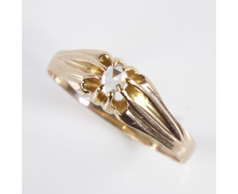 A 19th century unmarked gold rose-cut diamond gypsy ring, diamond measures: length - 4.35mm, width - 2.87mm, depth - 0.69mm, 