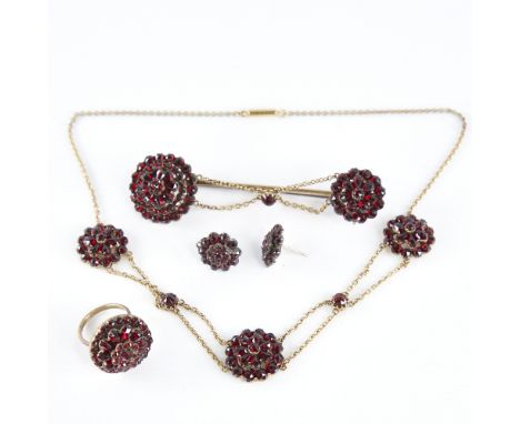 A Victorian Bohemian faceted garnet demi-parure, comprising necklace, bar brooch, ring and pair of stud earrings, unmarked ye