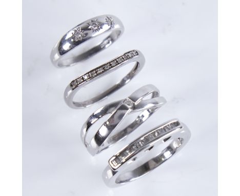 4 modern 9ct white gold diamond dress rings, sizes K, N, P and R, 10g total (4)All in good original condition, all stones pre