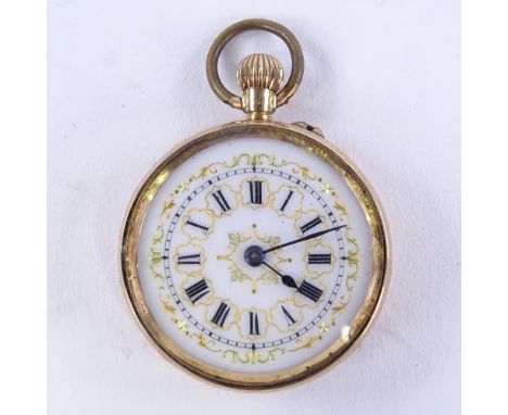 An early 20th century Swiss 14ct rose gold open-face top-wind fob watch, white enamel dial with black Roman numeral hour mark
