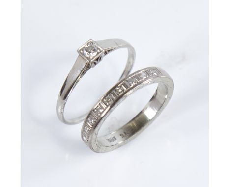 2 Scandinavian 14ct white gold diamond rings, comprising 0.1ct solitaire diamond ring, size O, and diamond half eternity ring