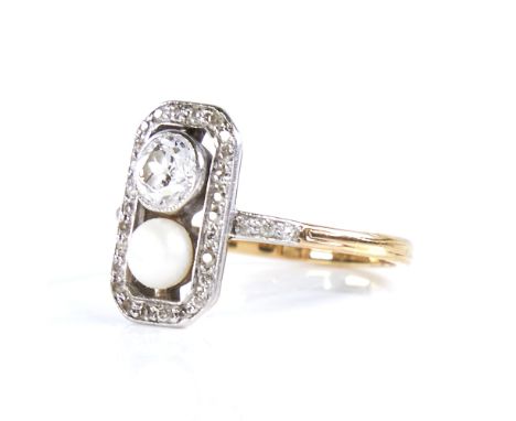 An Art Deco 18ct gold whole pearl and diamond cluster panel ring, geometric octagonal form with diamond border and shoulders,