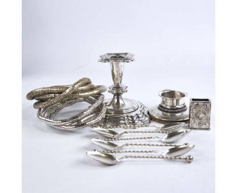 Various Danish silver, including squat candlesticks, set of 6 provincial spoons, matchbox case and 2 necklaces, largest candl