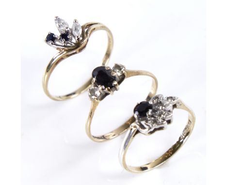 2 9ct gold stone set rings, 2.6g, and a similar silver stone set ring, 1.4g, sizes N, Q and N respectively (3)All in good ove