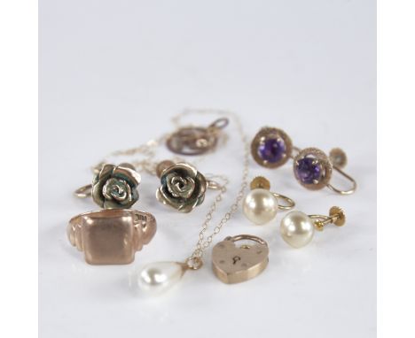 Various gold jewellery, including 9ct signet ring, 9ct heart padlock, pair of amethyst screw-back earrings etc, 16.2g totalAl